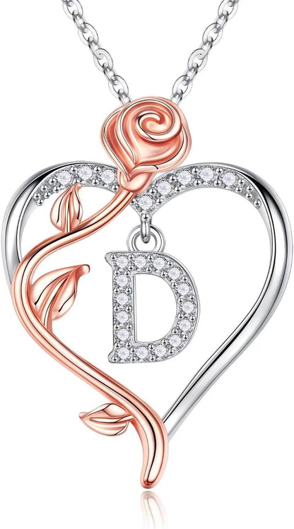 925 Sterling Silver Rose Heart Initial Necklace - Sophisticated Gifts for Valentine's Day, Anniversaries, and Birthdays for Women