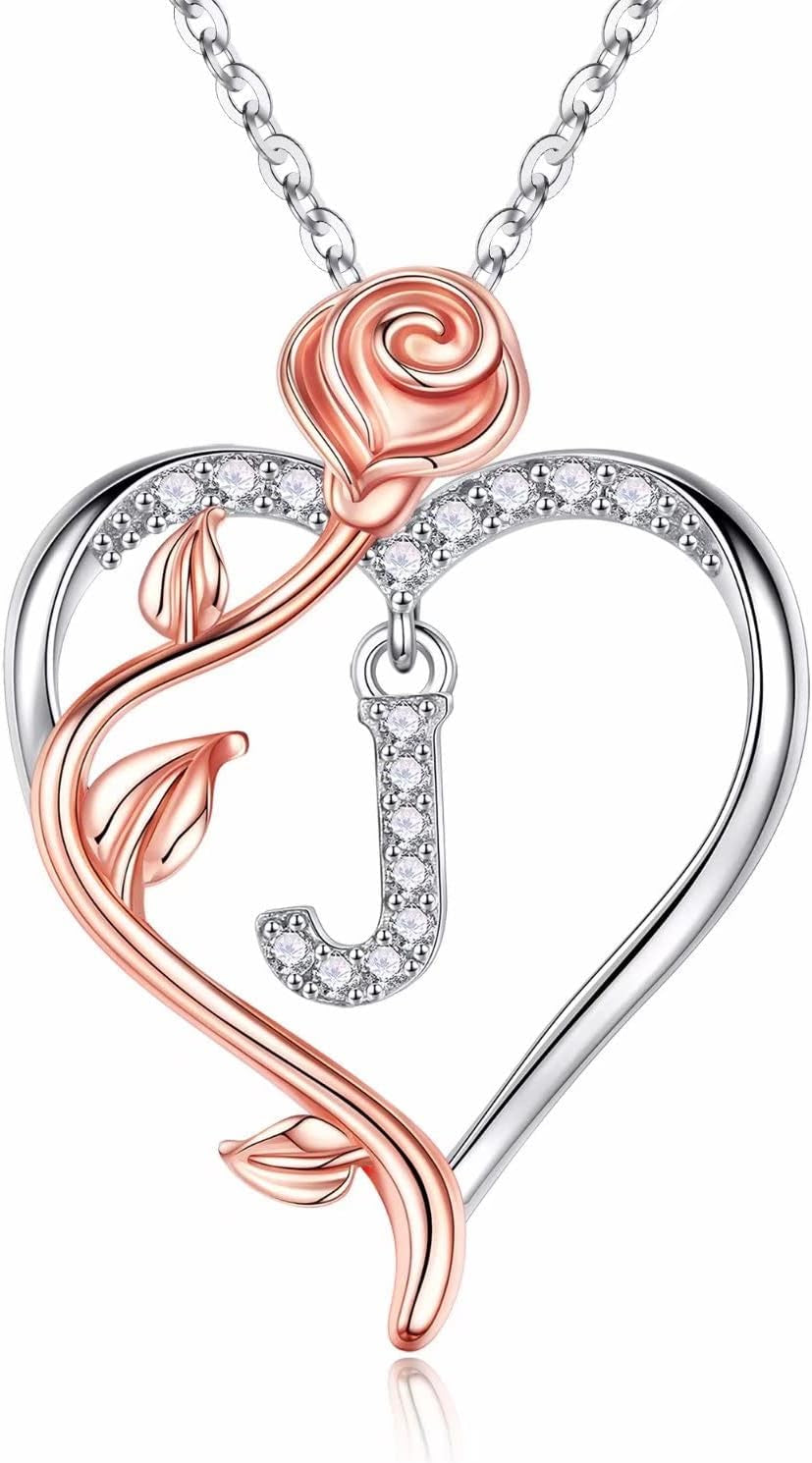 925 Sterling Silver Rose Heart Initial Necklace - Sophisticated Gifts for Valentine's Day, Anniversaries, and Birthdays for Women