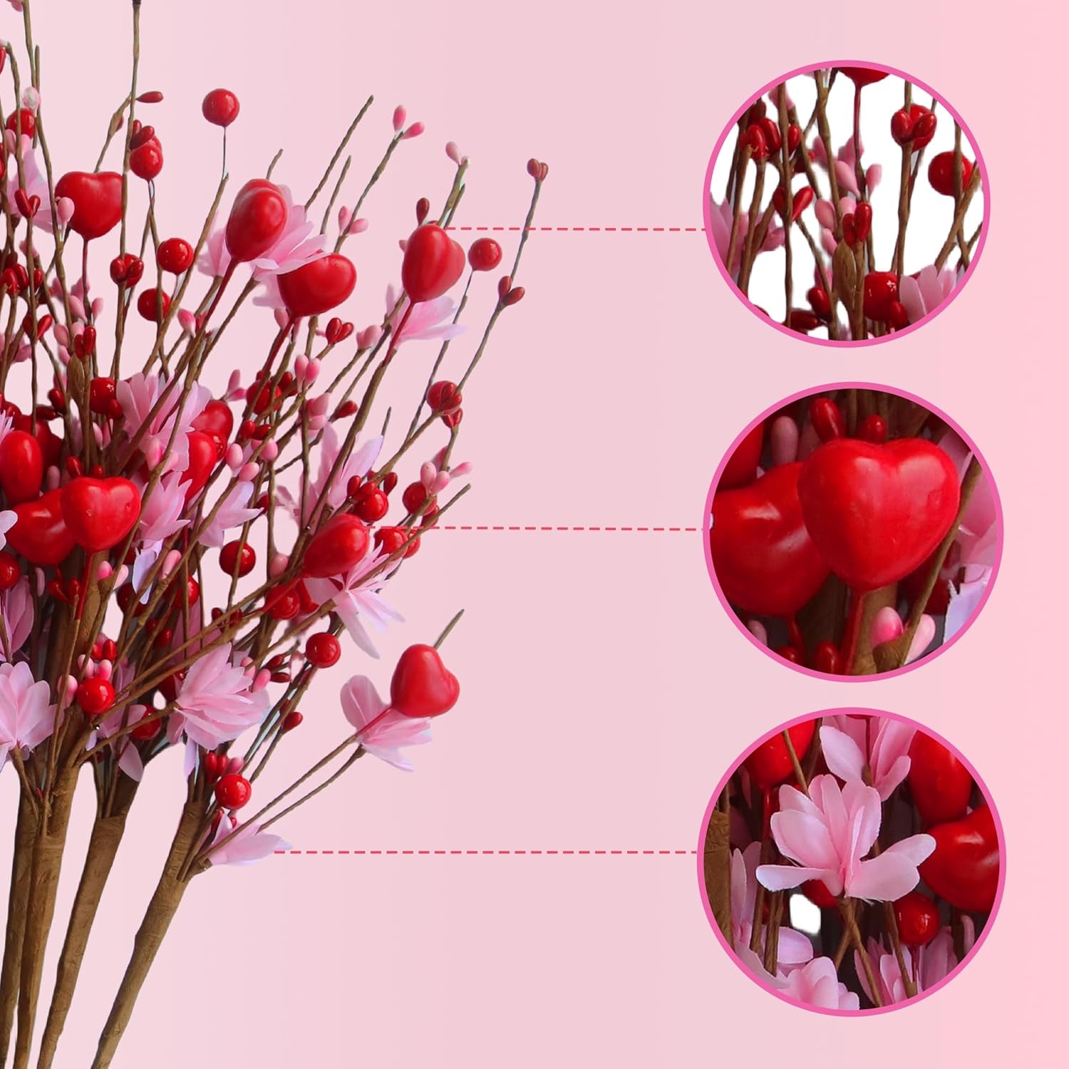 Valentine's Day Decoration Set - 12 Artificial Red Berry Stems with Pink Heart Shaped Accents, 17 Inches Long, Perfect Gift for Wife or Girlfriend