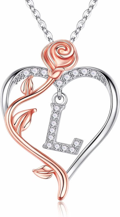 925 Sterling Silver Rose Heart Initial Necklace - Sophisticated Gifts for Valentine's Day, Anniversaries, and Birthdays for Women