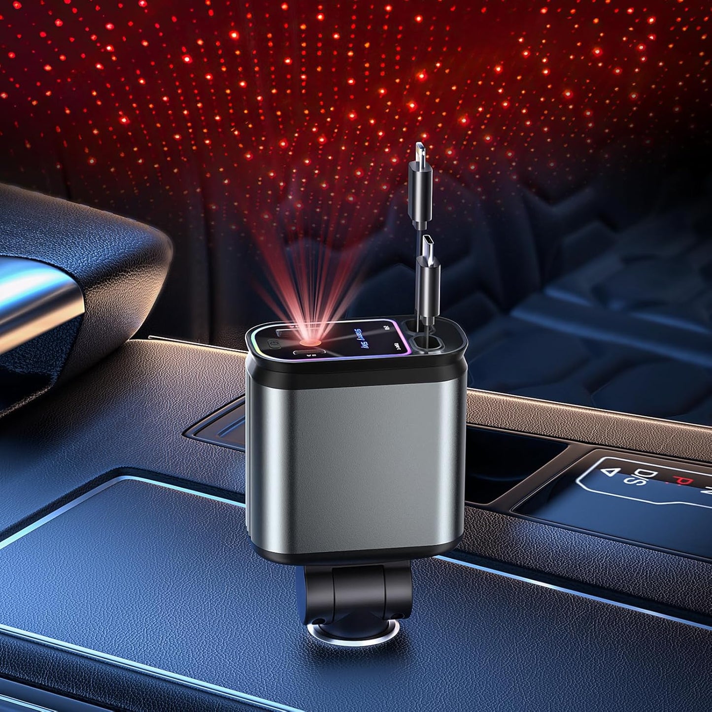 Starlight Retractable Car Charger with Dual USB Ports and Integrated Cables - 4-in-1 Super Fast Charging Solution for iPhone 15/14/13