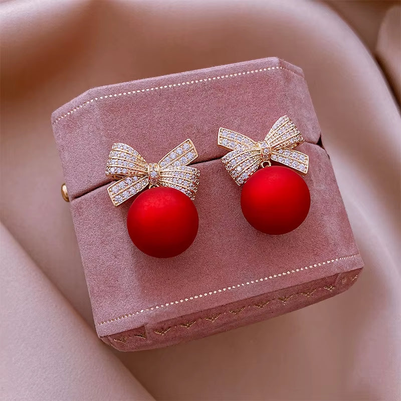 Luxury Gold Color Zircon Bowknot Stud Earrings for Women Red Pearl Flower Festive Earring Girls New Year Christmas Jewelry Gifts