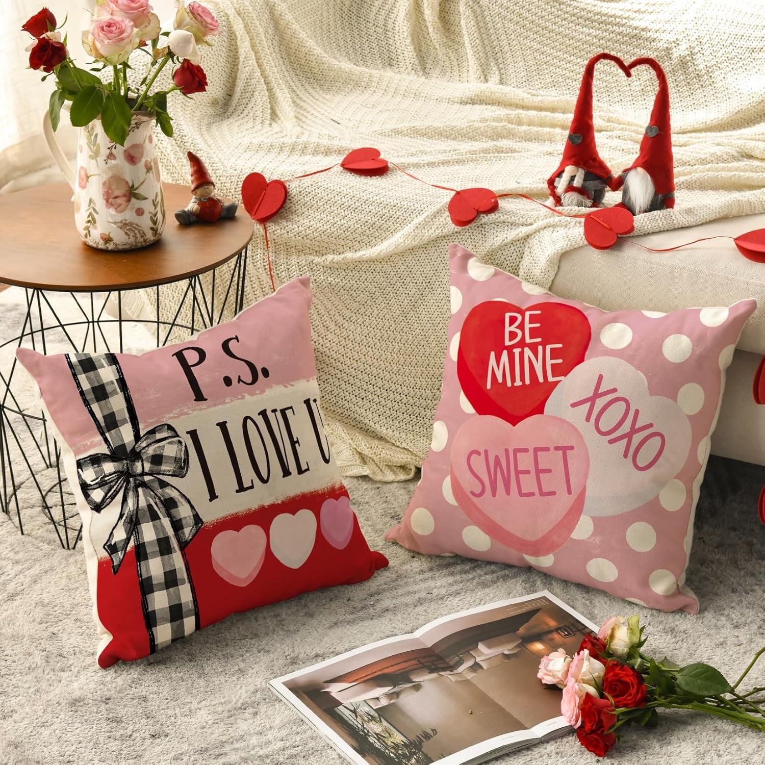 Valentine's Day Red Candy Heart Throw Pillow Covers, 18 x 18 Inch Decorative Cushion Cases with Stripes for Sofa and Couch, Set of 4