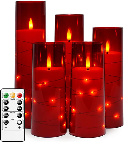 Flameless LED Candles with Timer - Set of 5 Flickering Battery-Operated Candles for Romantic Ambiance and Home Decor, Featuring Stable Acrylic Shell and Embedded Star String (Red)