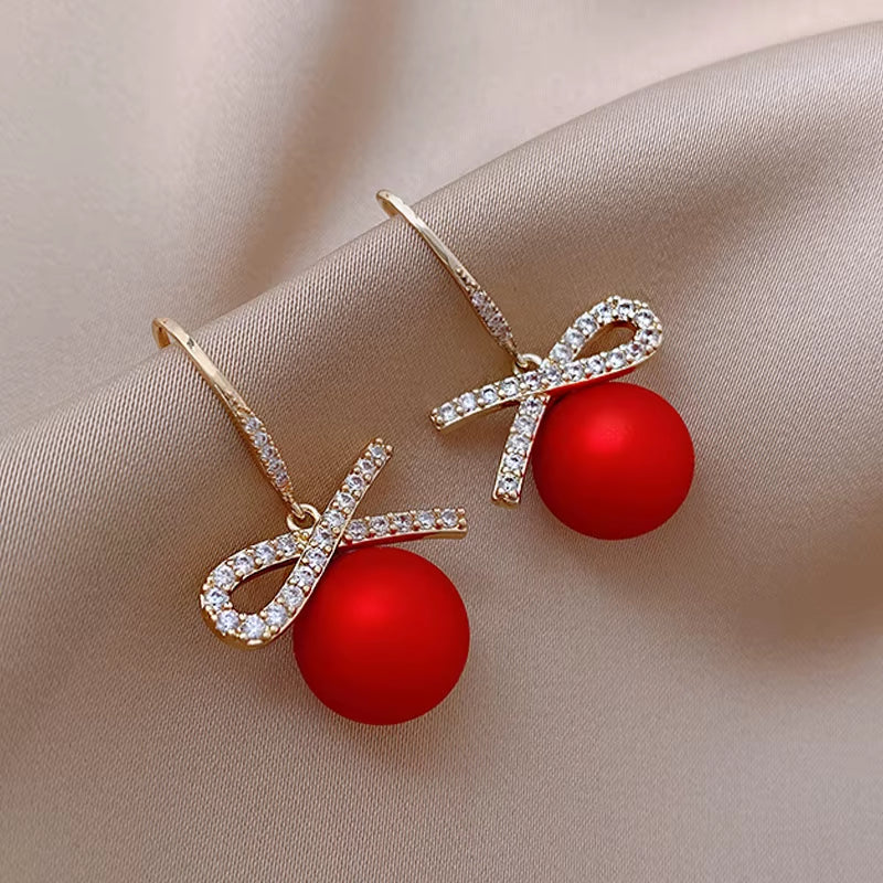 Luxury Gold Color Zircon Bowknot Stud Earrings for Women Red Pearl Flower Festive Earring Girls New Year Christmas Jewelry Gifts