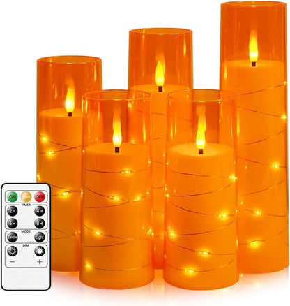 Flameless LED Candles with Timer - Set of 5 Flickering Battery-Operated Candles for Romantic Ambiance and Home Decor, Featuring Stable Acrylic Shell and Embedded Star String (Red)