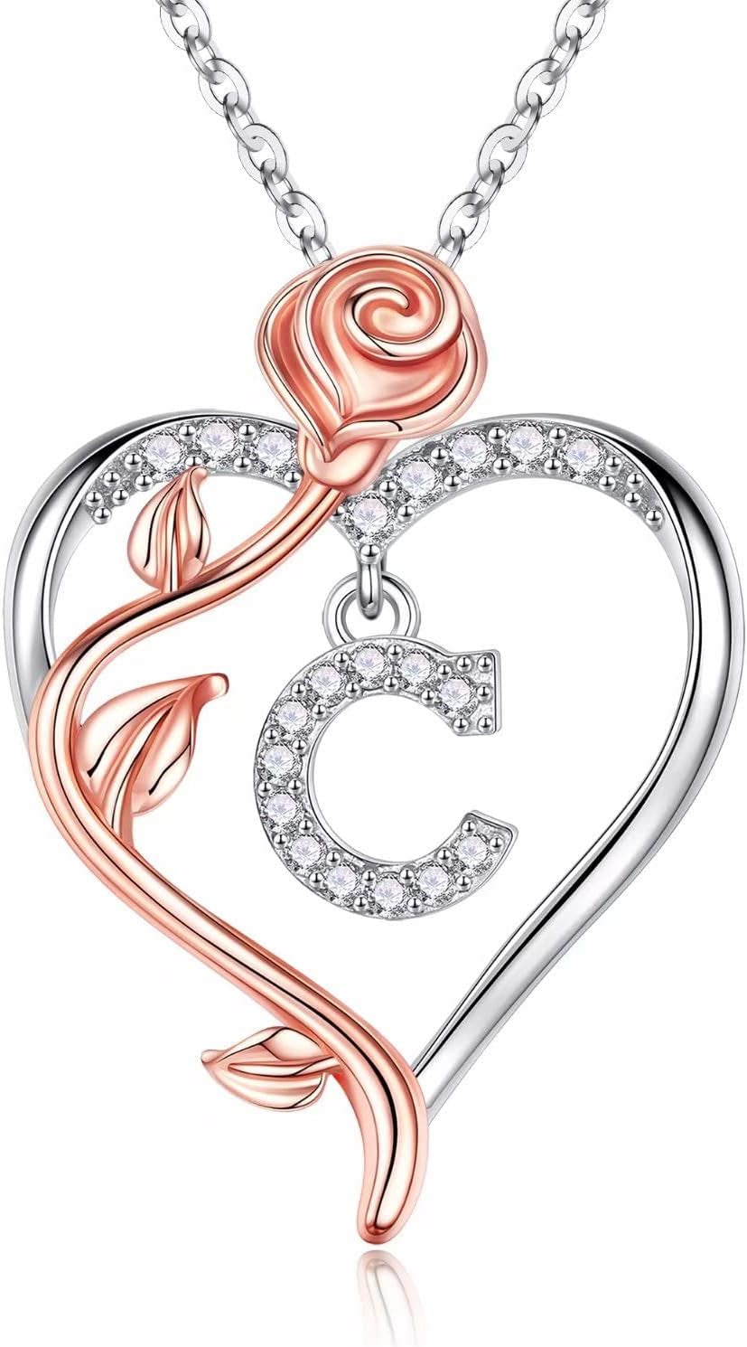 925 Sterling Silver Rose Heart Initial Necklace - Sophisticated Gifts for Valentine's Day, Anniversaries, and Birthdays for Women