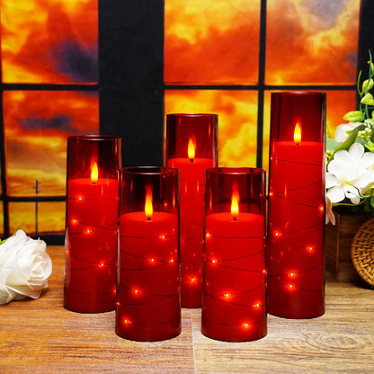 Flameless LED Candles with Timer - Set of 5 Flickering Battery-Operated Candles for Romantic Ambiance and Home Decor, Featuring Stable Acrylic Shell and Embedded Star String (Red)