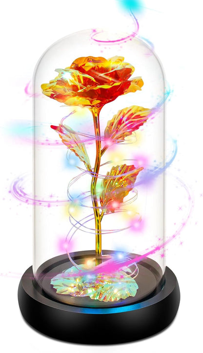 Elegant Valentine's Day and Birthday Gifts for Her: Colorful Light-Up Rose in Glass Dome - Perfect for Moms, Wives, Girlfriends, and Grandmothers