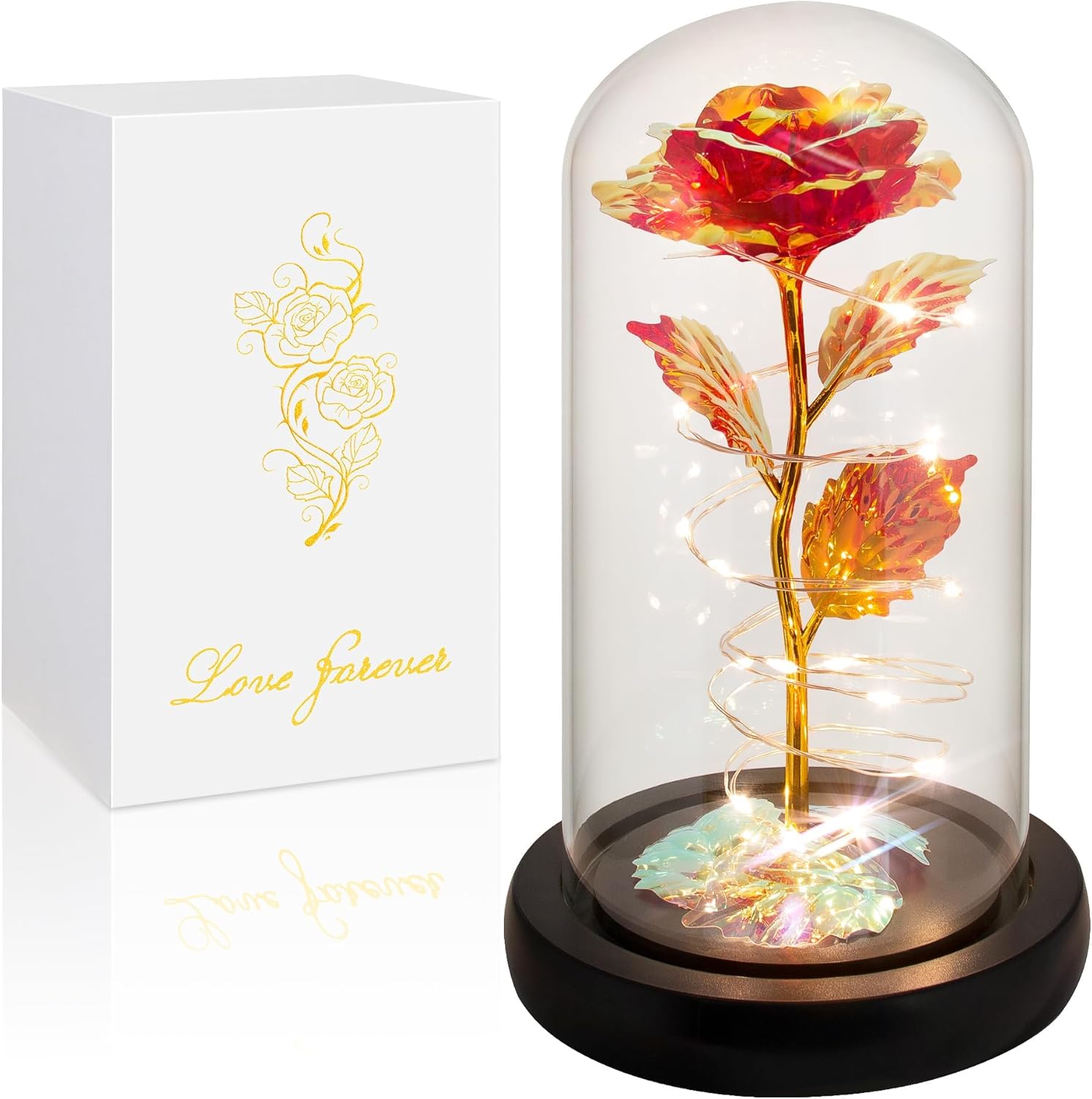 Elegant Valentine's Day and Birthday Gifts for Her: Colorful Light-Up Rose in Glass Dome - Perfect for Moms, Wives, Girlfriends, and Grandmothers