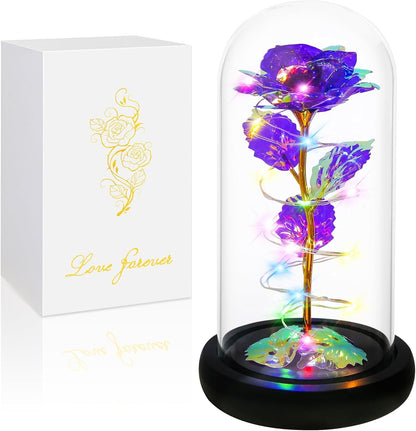 Elegant Valentine's Day and Birthday Gifts for Her: Colorful Light-Up Rose in Glass Dome - Perfect for Moms, Wives, Girlfriends, and Grandmothers