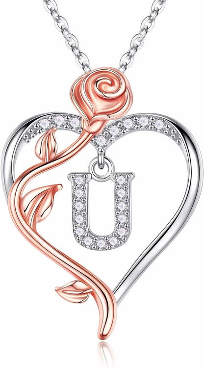 925 Sterling Silver Rose Heart Initial Necklace - Sophisticated Gifts for Valentine's Day, Anniversaries, and Birthdays for Women