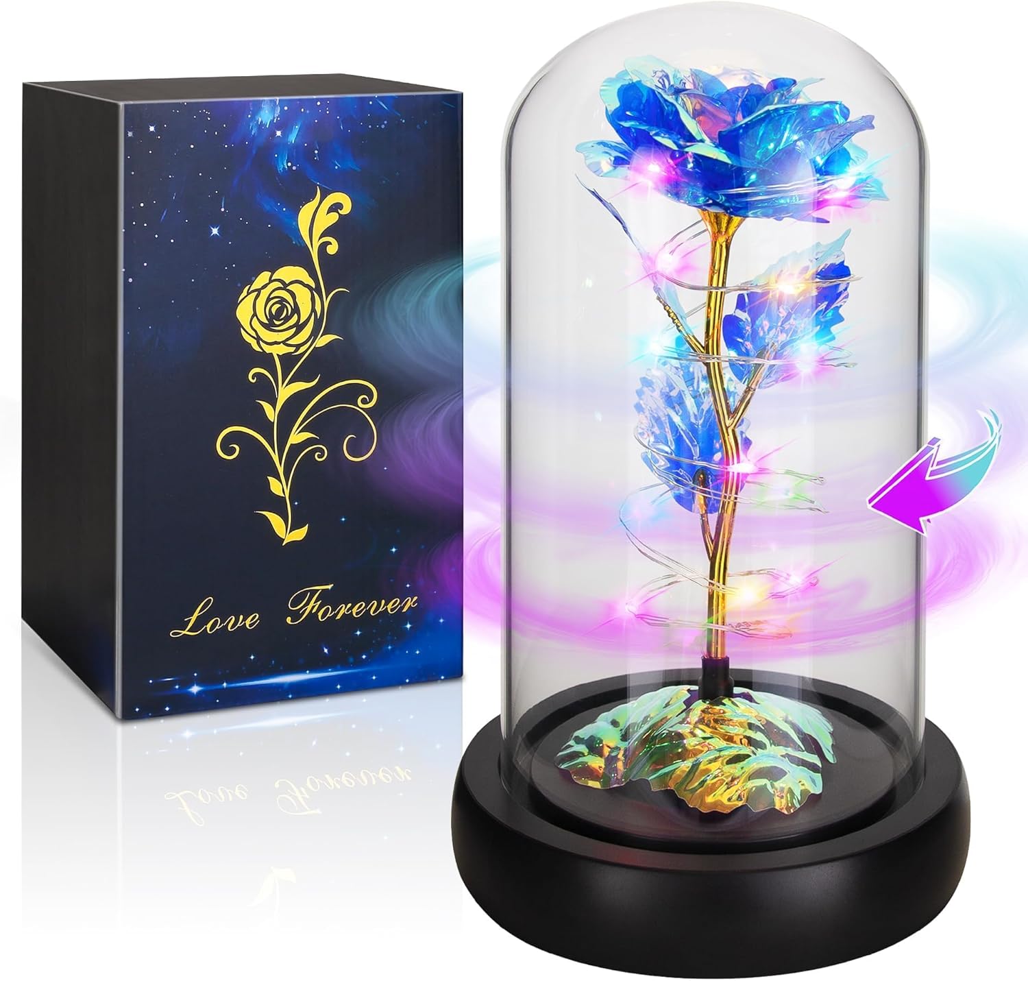 Elegant Valentine's Day and Birthday Gifts for Her: Colorful Light-Up Rose in Glass Dome - Perfect for Moms, Wives, Girlfriends, and Grandmothers