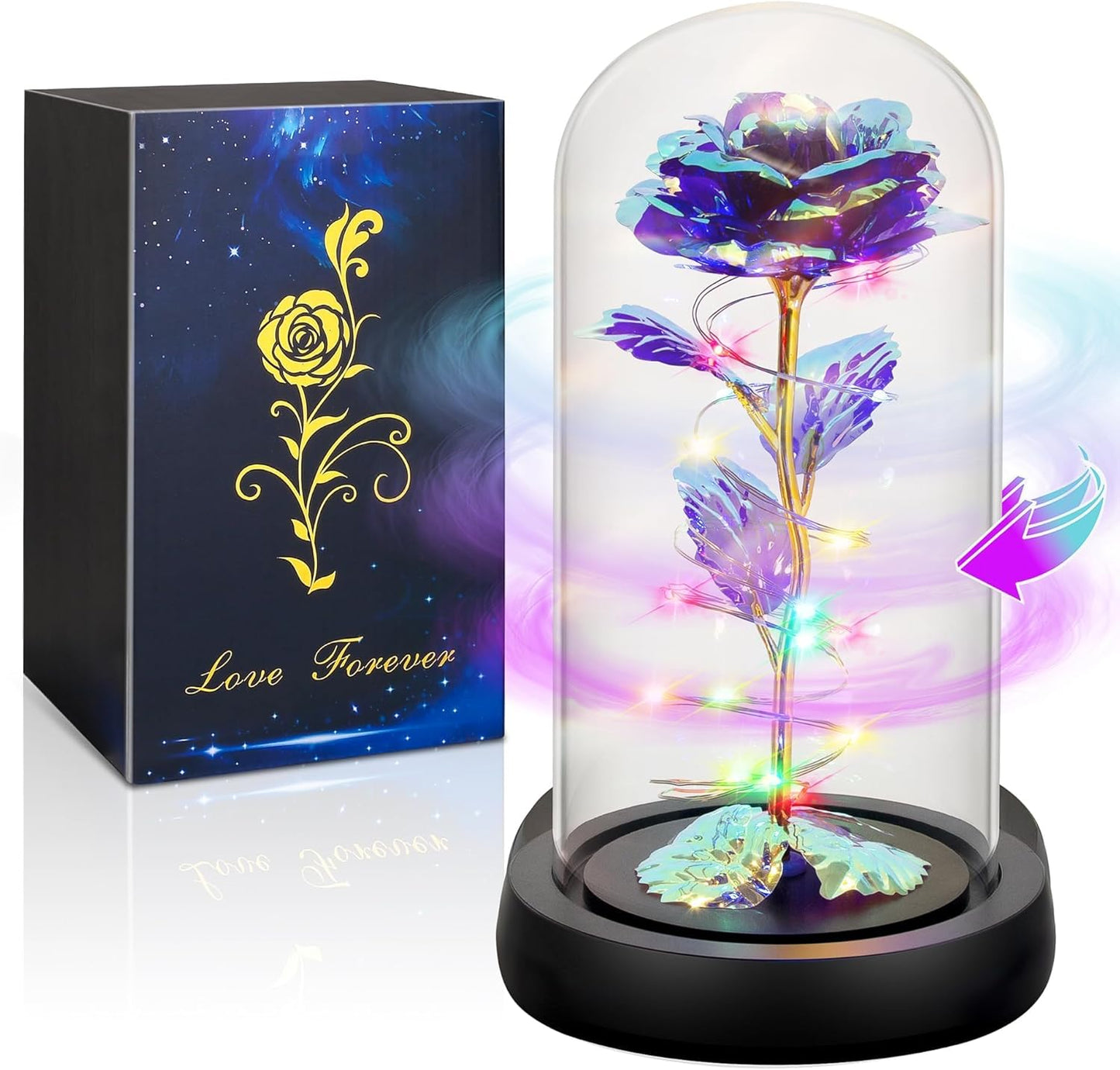 Elegant Valentine's Day and Birthday Gifts for Her: Colorful Light-Up Rose in Glass Dome - Perfect for Moms, Wives, Girlfriends, and Grandmothers