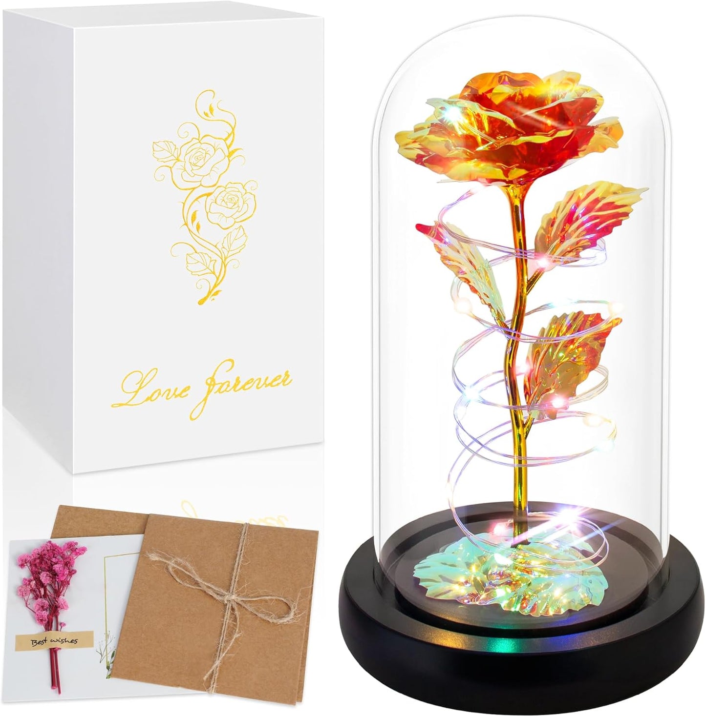 Elegant Valentine's Day and Birthday Gifts for Her: Colorful Light-Up Rose in Glass Dome - Perfect for Moms, Wives, Girlfriends, and Grandmothers