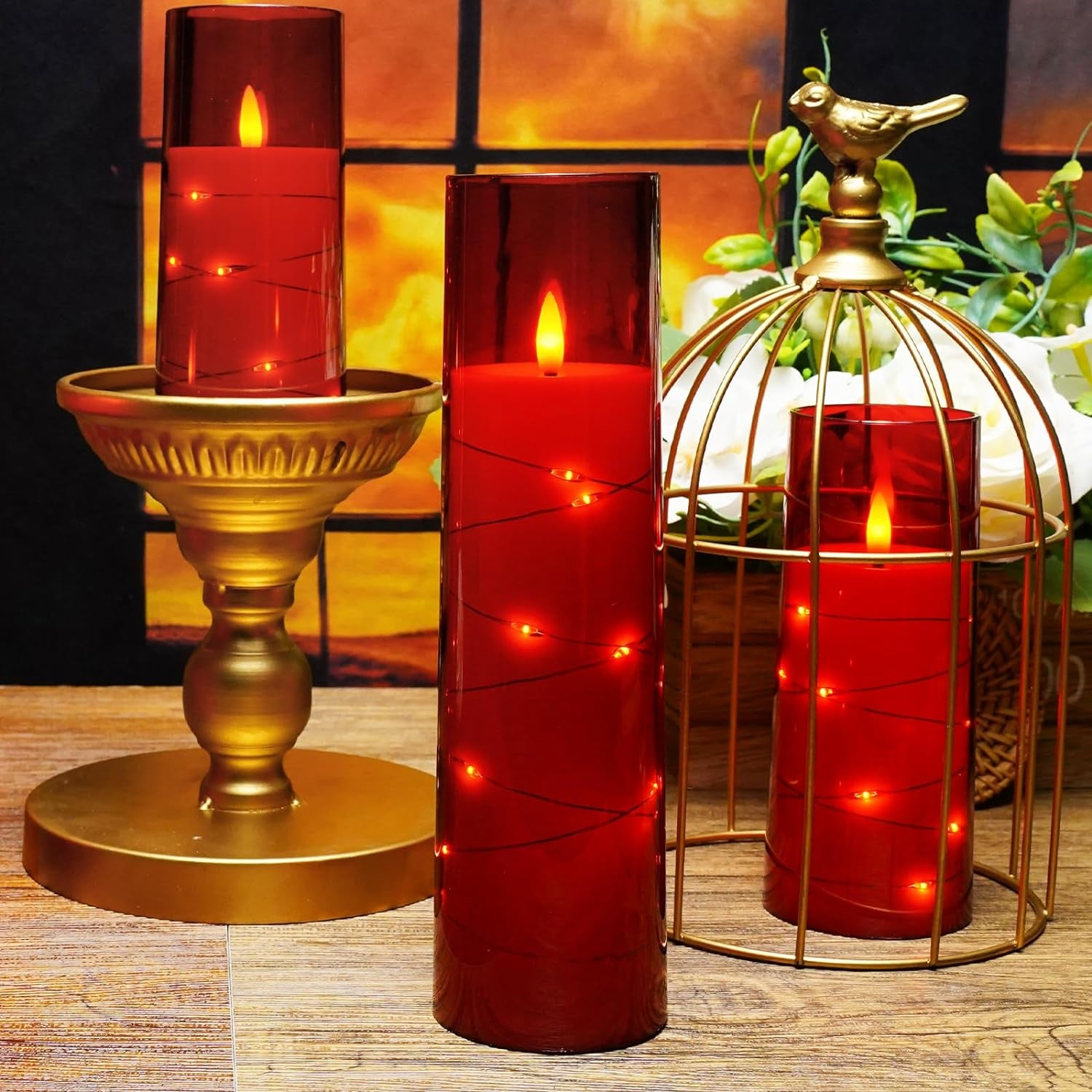 Flameless LED Candles with Timer - Set of 5 Flickering Battery-Operated Candles for Romantic Ambiance and Home Decor, Featuring Stable Acrylic Shell and Embedded Star String (Red)