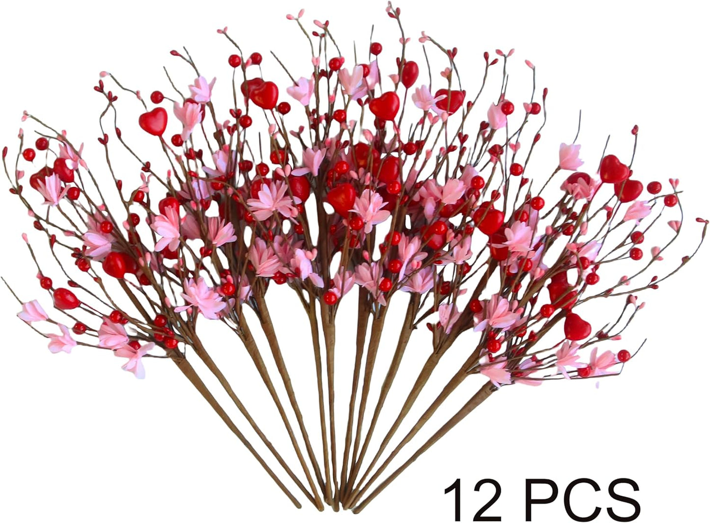 Valentine's Day Decoration Set - 12 Artificial Red Berry Stems with Pink Heart Shaped Accents, 17 Inches Long, Perfect Gift for Wife or Girlfriend