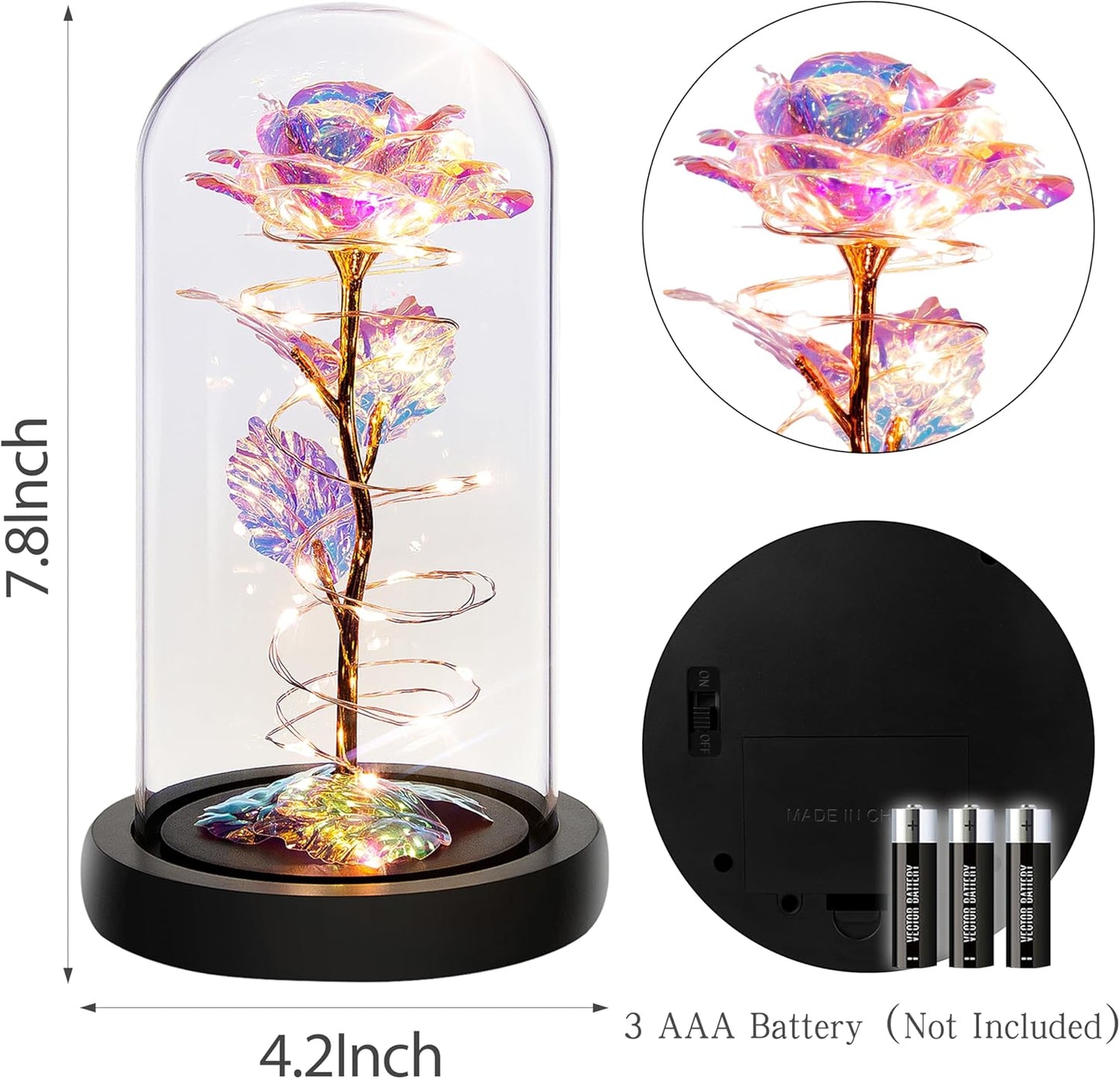 Elegant Valentine's Day and Birthday Gifts for Her: Colorful Light-Up Rose in Glass Dome - Perfect for Moms, Wives, Girlfriends, and Grandmothers