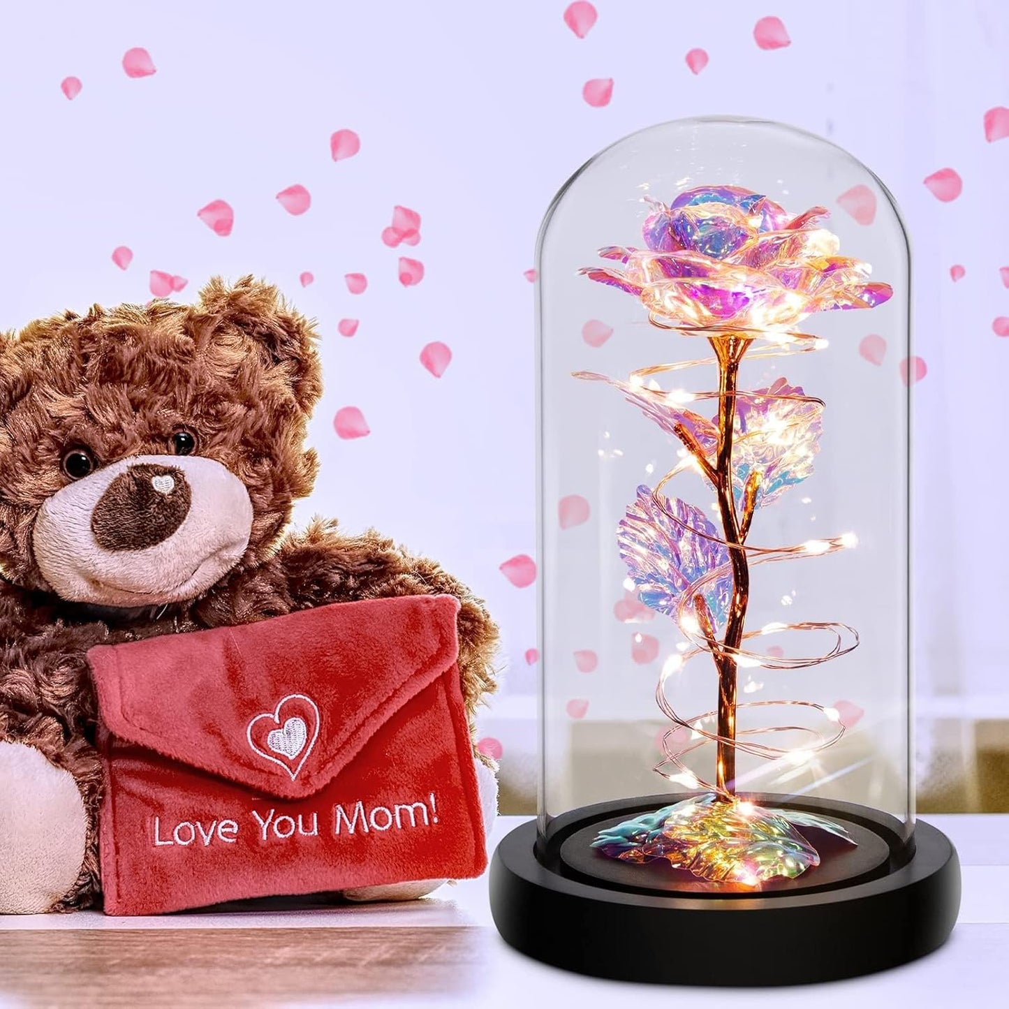 Elegant Valentine's Day and Birthday Gifts for Her: Colorful Light-Up Rose in Glass Dome - Perfect for Moms, Wives, Girlfriends, and Grandmothers