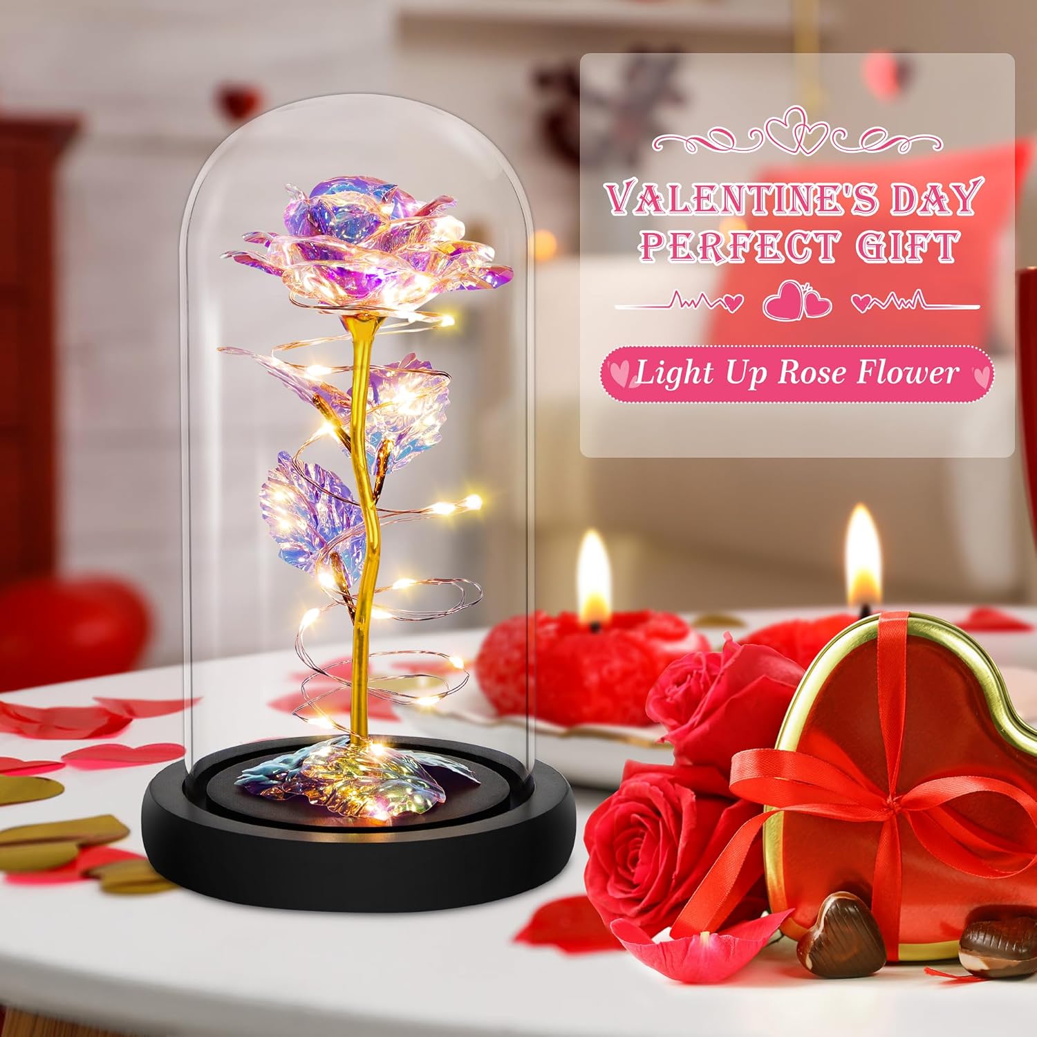 Elegant Valentine's Day and Birthday Gifts for Her: Colorful Light-Up Rose in Glass Dome - Perfect for Moms, Wives, Girlfriends, and Grandmothers