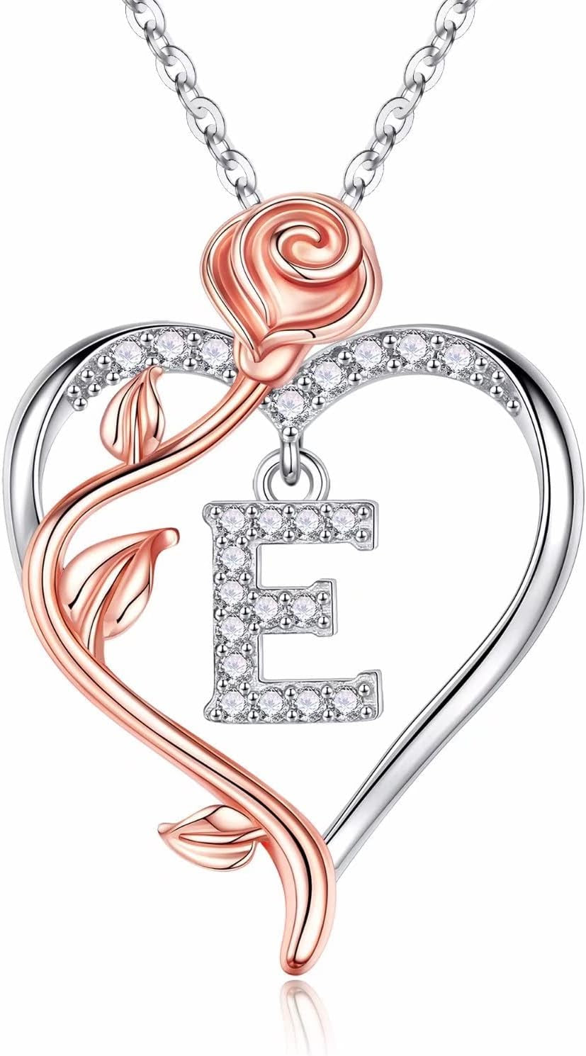 925 Sterling Silver Rose Heart Initial Necklace - Sophisticated Gifts for Valentine's Day, Anniversaries, and Birthdays for Women