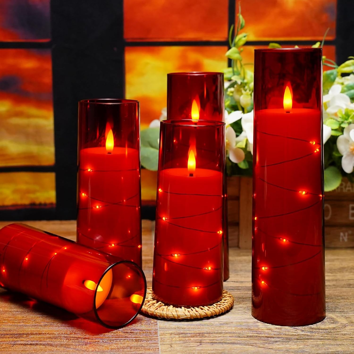 Flameless LED Candles with Timer - Set of 5 Flickering Battery-Operated Candles for Romantic Ambiance and Home Decor, Featuring Stable Acrylic Shell and Embedded Star String (Red)