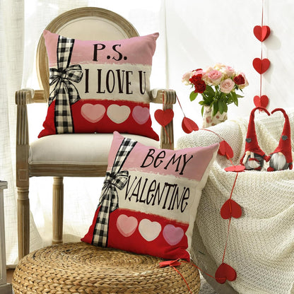 Valentine's Day Red Candy Heart Throw Pillow Covers, 18 x 18 Inch Decorative Cushion Cases with Stripes for Sofa and Couch, Set of 4