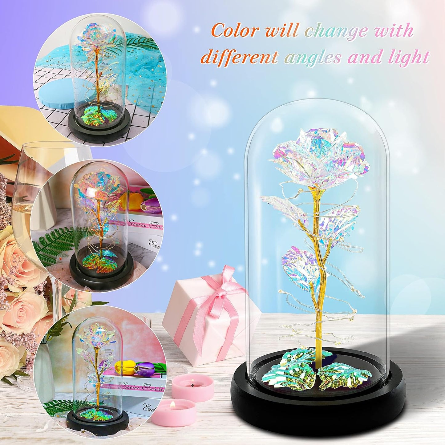 Elegant Valentine's Day and Birthday Gifts for Her: Colorful Light-Up Rose in Glass Dome - Perfect for Moms, Wives, Girlfriends, and Grandmothers