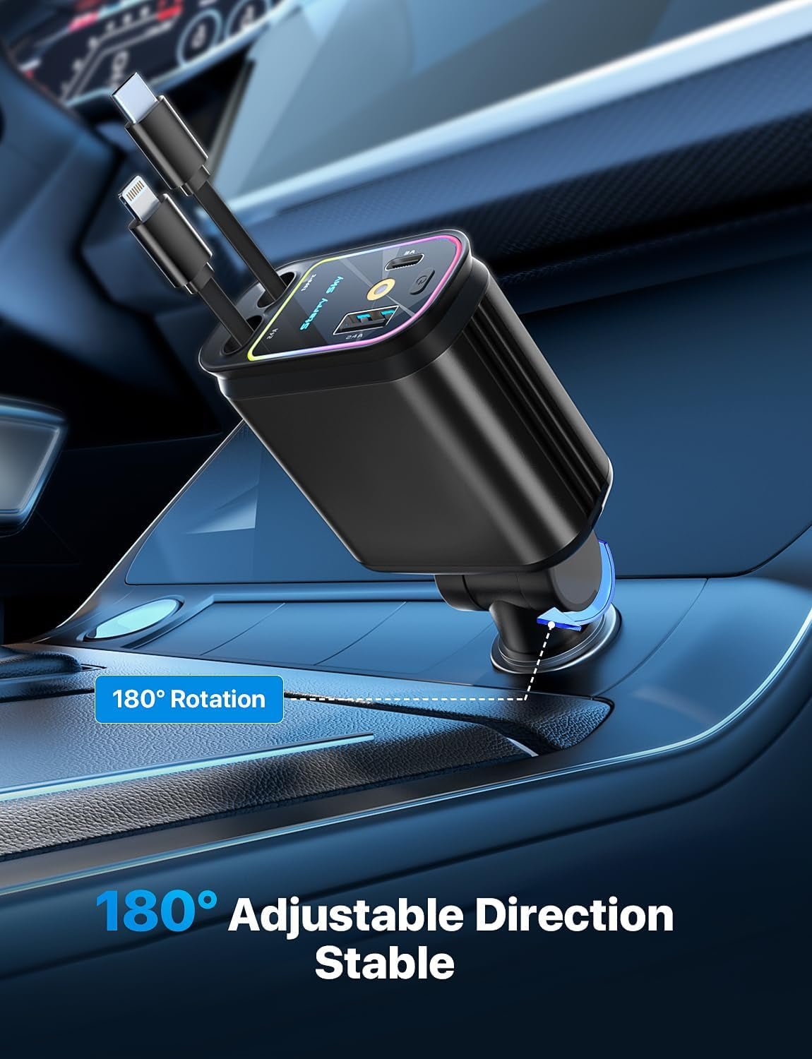 Starlight Retractable Car Charger with Dual USB Ports and Integrated Cables - 4-in-1 Super Fast Charging Solution for iPhone 15/14/13