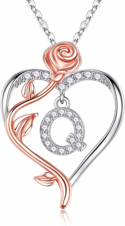 925 Sterling Silver Rose Heart Initial Necklace - Sophisticated Gifts for Valentine's Day, Anniversaries, and Birthdays for Women