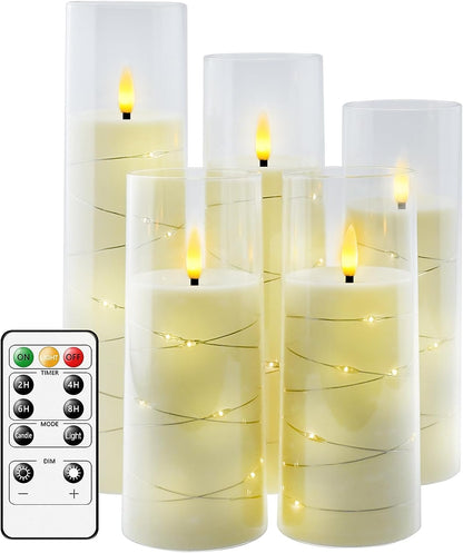 Flameless LED Candles with Timer - Set of 5 Flickering Battery-Operated Candles for Romantic Ambiance and Home Decor, Featuring Stable Acrylic Shell and Embedded Star String (Red)