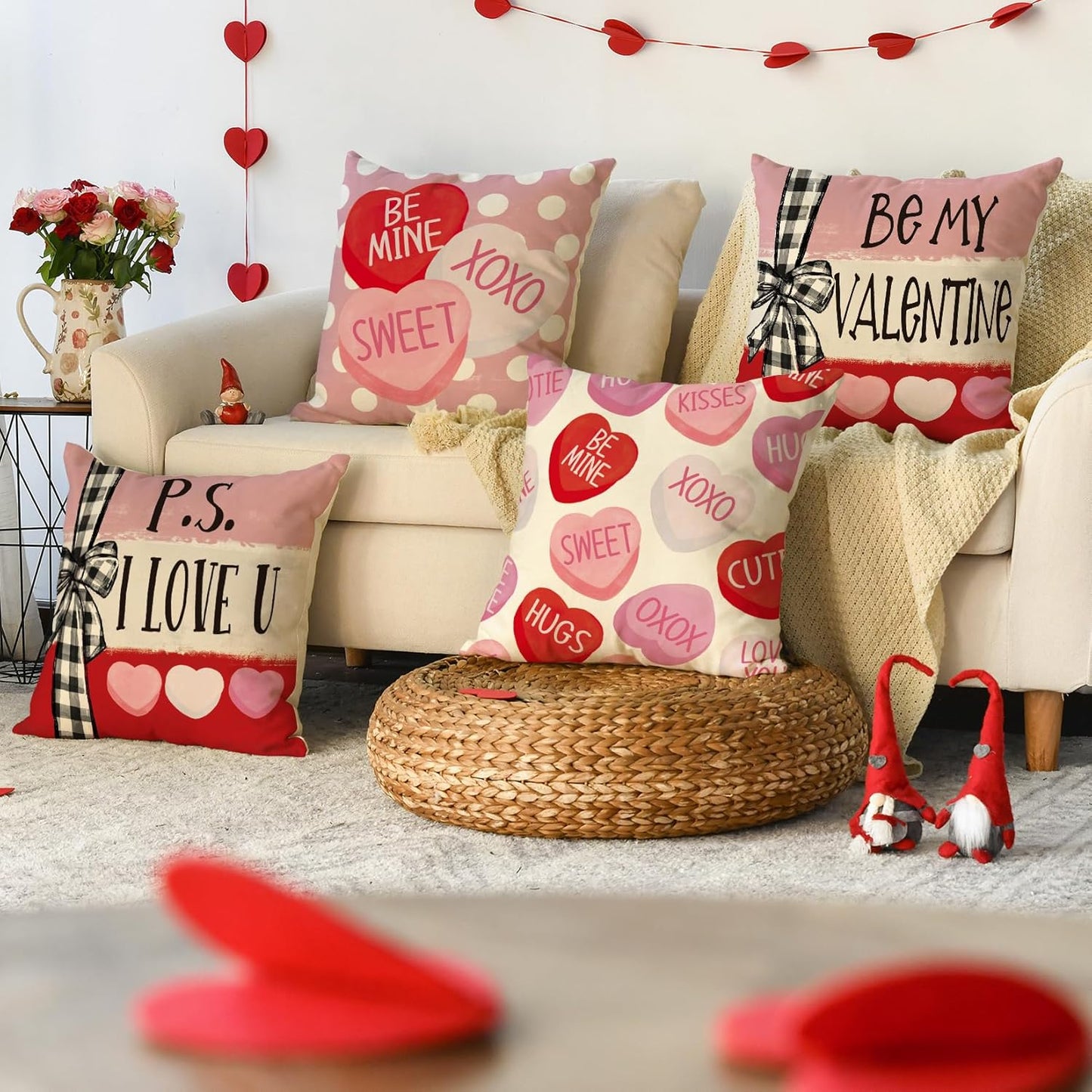 Valentine's Day Red Candy Heart Throw Pillow Covers, 18 x 18 Inch Decorative Cushion Cases with Stripes for Sofa and Couch, Set of 4