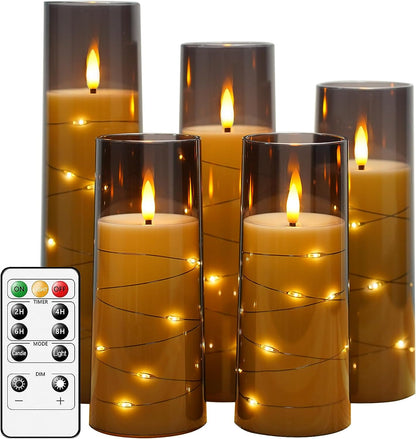 Flameless LED Candles with Timer - Set of 5 Flickering Battery-Operated Candles for Romantic Ambiance and Home Decor, Featuring Stable Acrylic Shell and Embedded Star String (Red)