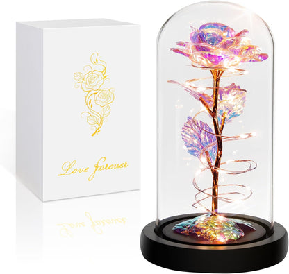 Elegant Valentine's Day and Birthday Gifts for Her: Colorful Light-Up Rose in Glass Dome - Perfect for Moms, Wives, Girlfriends, and Grandmothers