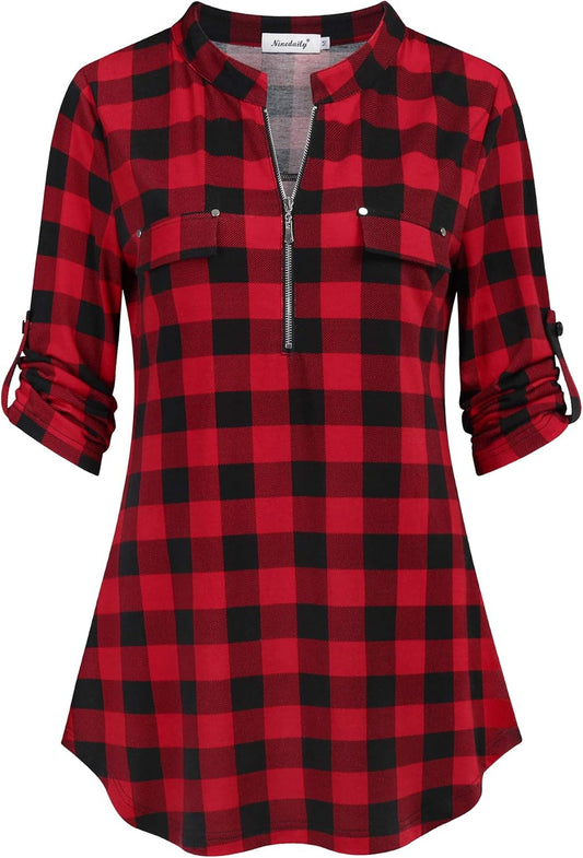 Women's 3/4 Sleeve Plaid Zip Floral Casual Tunic Blouse