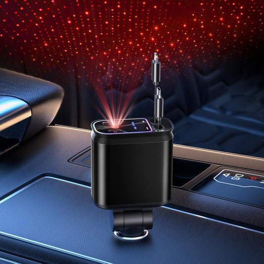 Starlight Retractable Car Charger with Dual USB Ports and Integrated Cables - 4-in-1 Super Fast Charging Solution for iPhone 15/14/13