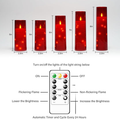 Flameless LED Candles with Timer - Set of 5 Flickering Battery-Operated Candles for Romantic Ambiance and Home Decor, Featuring Stable Acrylic Shell and Embedded Star String (Red)