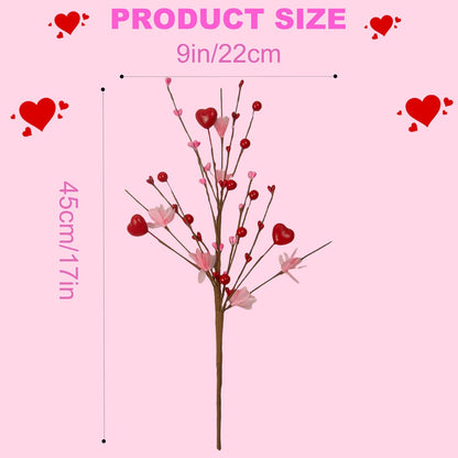 Valentine's Day Decoration Set - 12 Artificial Red Berry Stems with Pink Heart Shaped Accents, 17 Inches Long, Perfect Gift for Wife or Girlfriend