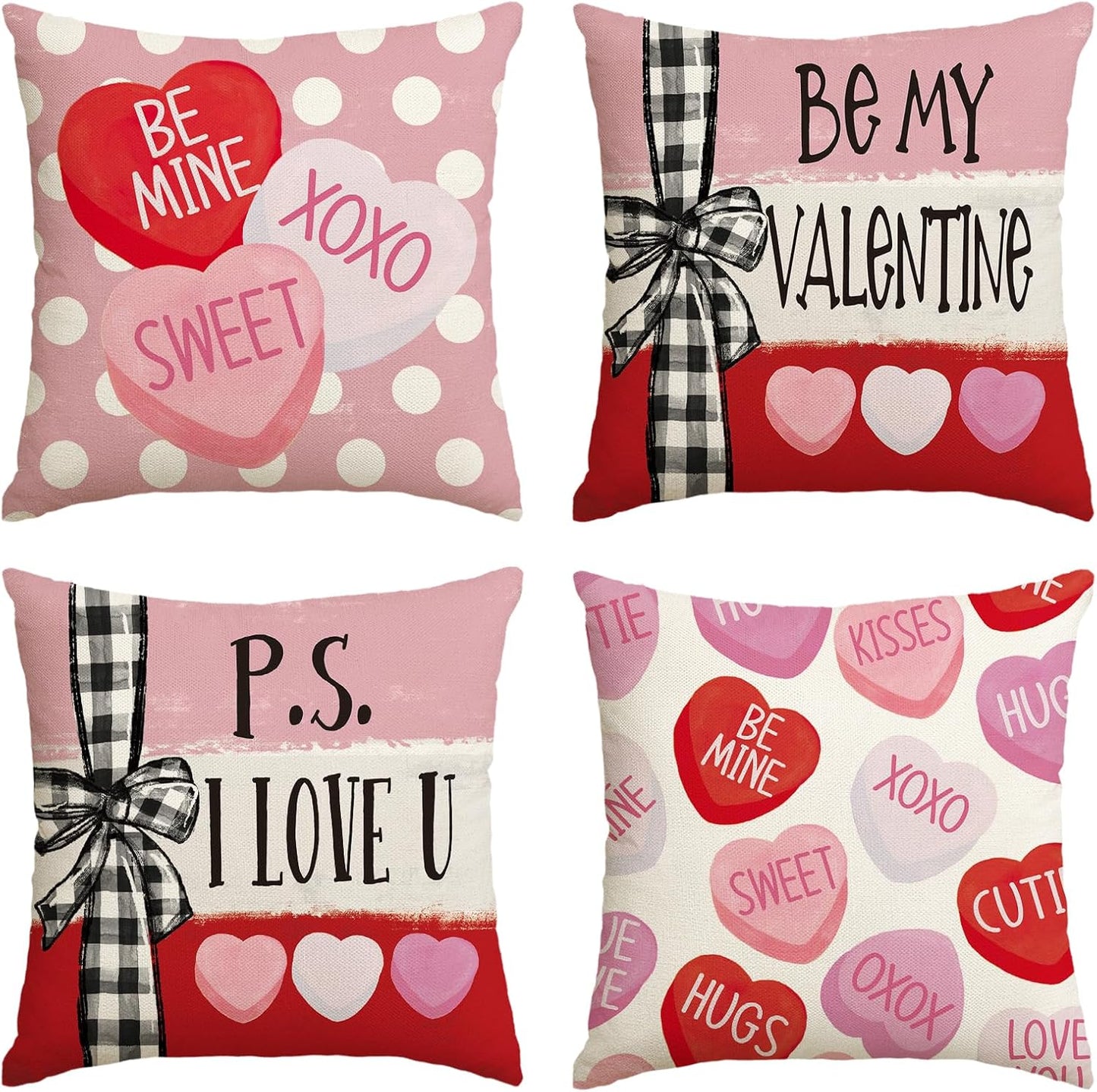 Valentine's Day Red Candy Heart Throw Pillow Covers, 18 x 18 Inch Decorative Cushion Cases with Stripes for Sofa and Couch, Set of 4