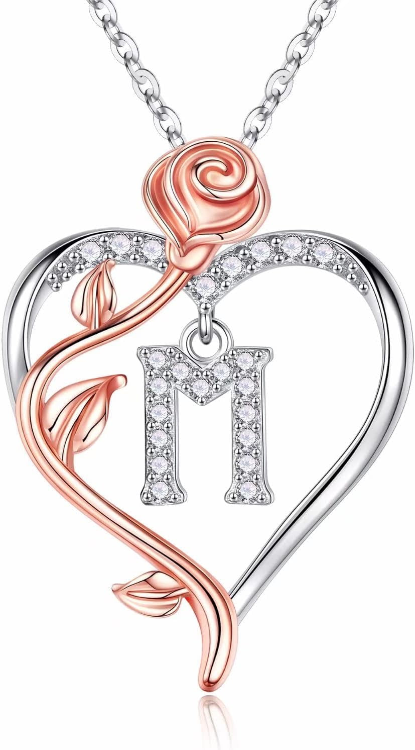 925 Sterling Silver Rose Heart Initial Necklace - Sophisticated Gifts for Valentine's Day, Anniversaries, and Birthdays for Women