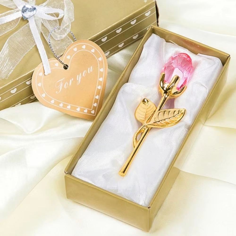 Valentines Day Gift Crystal Glass Rose Artificial Flower Silver Gold Rod Rose Flower for Girlfriend Wedding Gifts for Guest