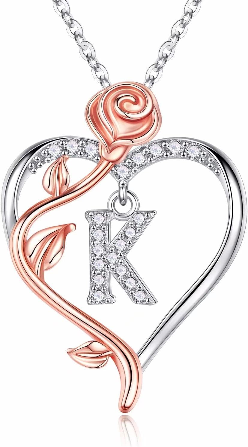 925 Sterling Silver Rose Heart Initial Necklace - Sophisticated Gifts for Valentine's Day, Anniversaries, and Birthdays for Women